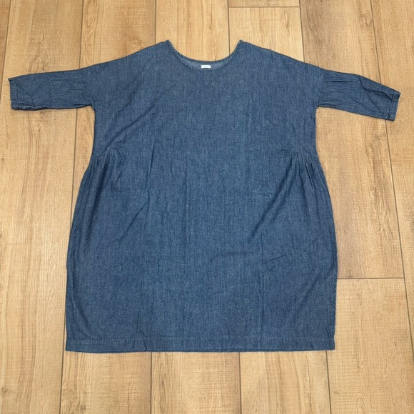 ICHI Chambray Blue Shift Dress Short Sleeve Loose Fit Minimalist One Size - Picture 5 of 10